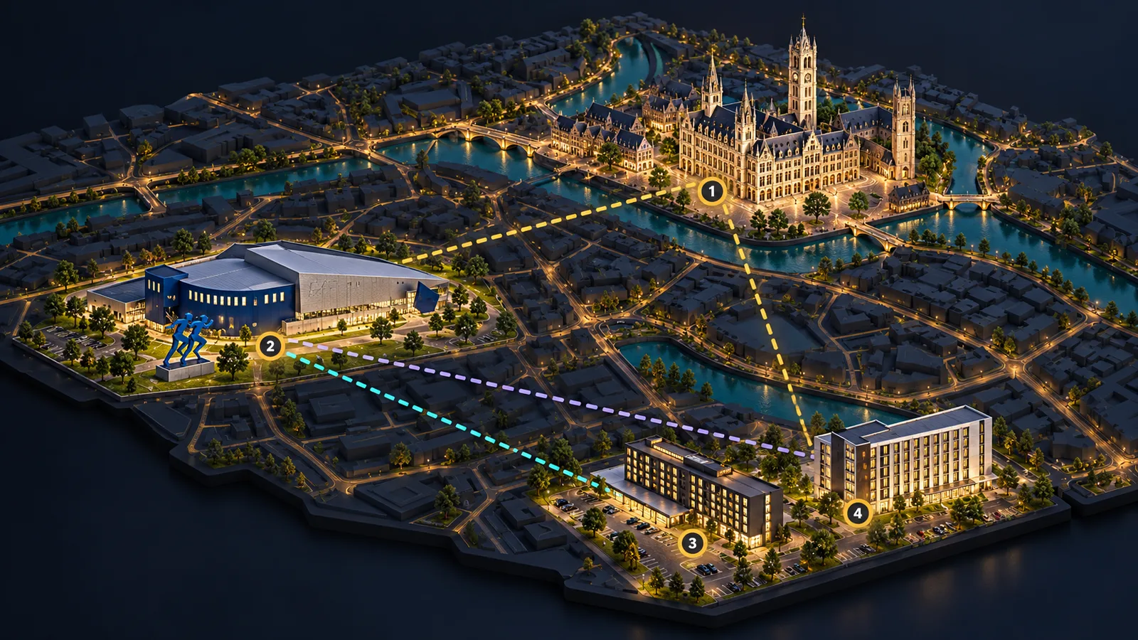 Illustratieve 3D-kaart van Gent met het stadhuis, de Topsporthal en twee hotels, verbonden door stippellijnen