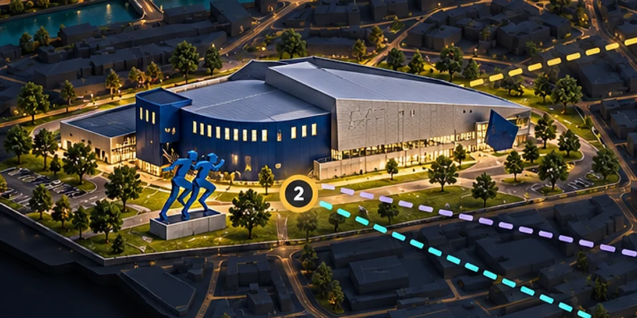 3D-impressie van de Topsporthal en de omgeving, gezien van bovenaf