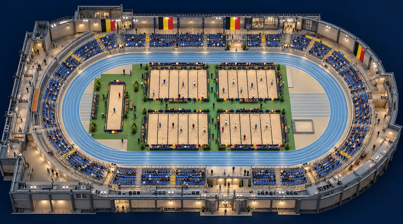 Illustratief 3D-beeld van het voorgestelde speelveld: vier blokken wedstrijdbanen en een finaleterrein in de hal, omringd door een atletiekpiste en tribunes
